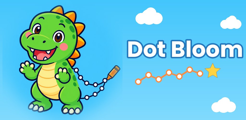 Dot Bloom banner: a green dinosaur and a dotted path to a star