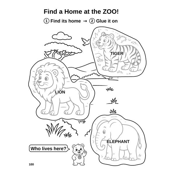 Zoo glue page with three picture-shaped homes