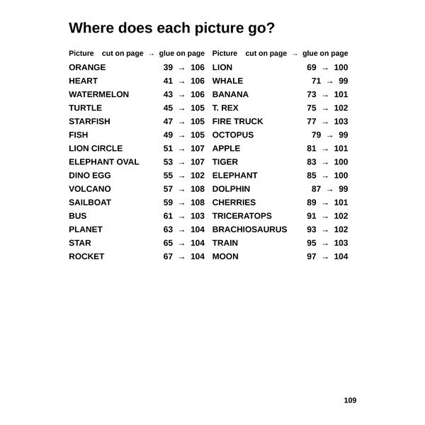 Answer page listing where each picture is glued