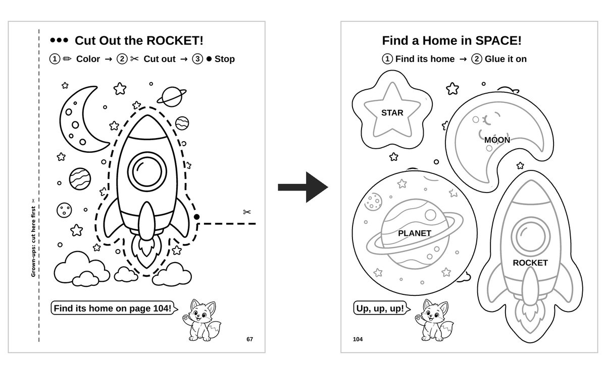 A rocket cutting page next to the space glue page where the rocket is glued