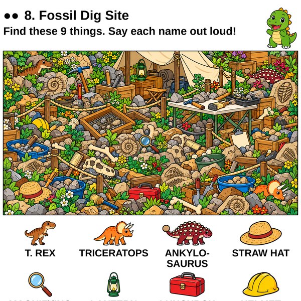 A fossil dig scene with nine things to find pictured and named below