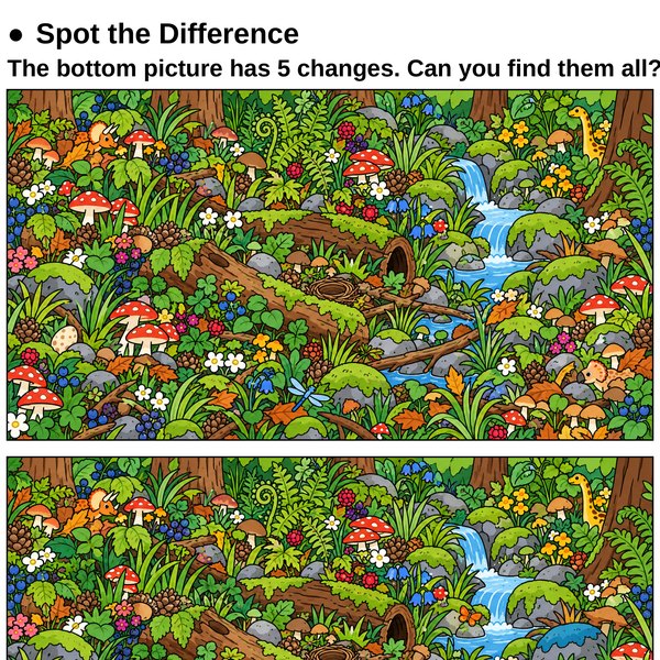 Two copies of a forest scene, one above the other, with small differences