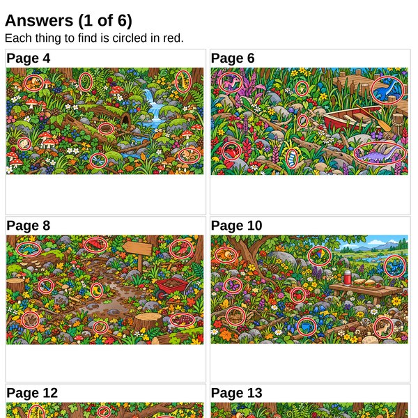 An answer page with six small scenes, each hidden thing circled in red