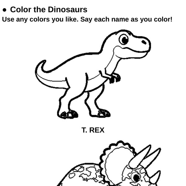 A coloring page with a T. rex and a Triceratops to color
