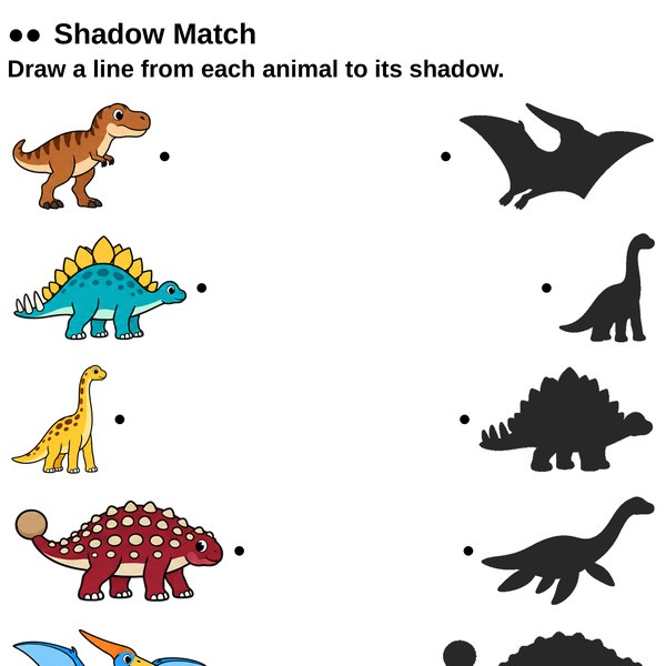 A shadow matching page: dinosaurs on the left, black shadows on the right