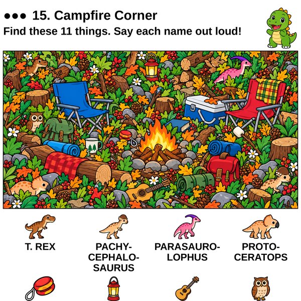A campfire scene with eleven things to find