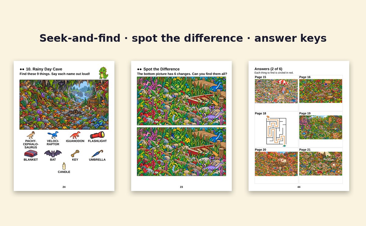 Three pages from the book: a cave seek-and-find scene, a spot-the-difference page and an answer page