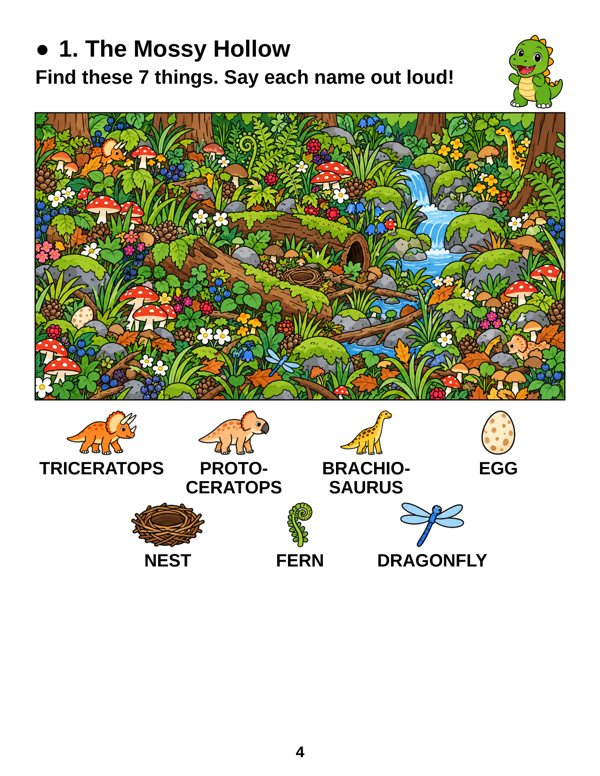 Free sample page: The Mossy Hollow seek-and-find scene