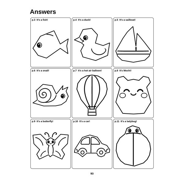 Answer page showing nine finished pictures