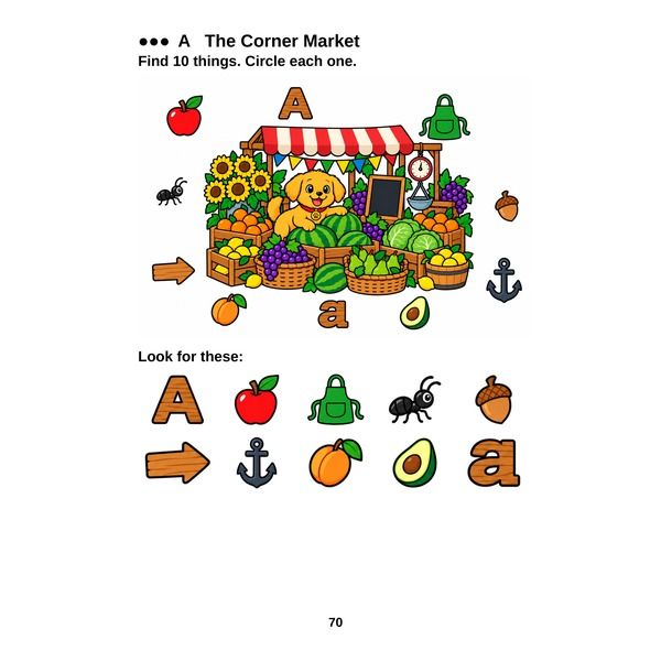 A market stall scene with the letter A and an apple hidden among the fruit