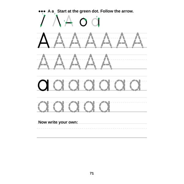 A letter A tracing page showing the strokes built up one box at a time