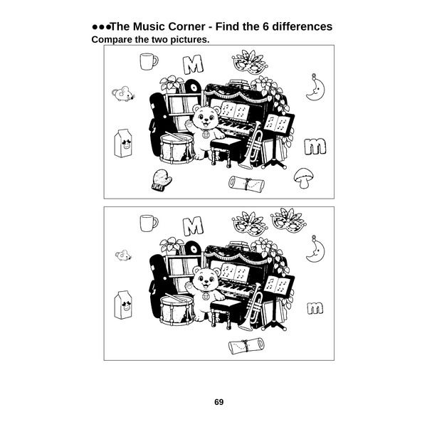 Two copies of a music corner scene, side by side, with small differences