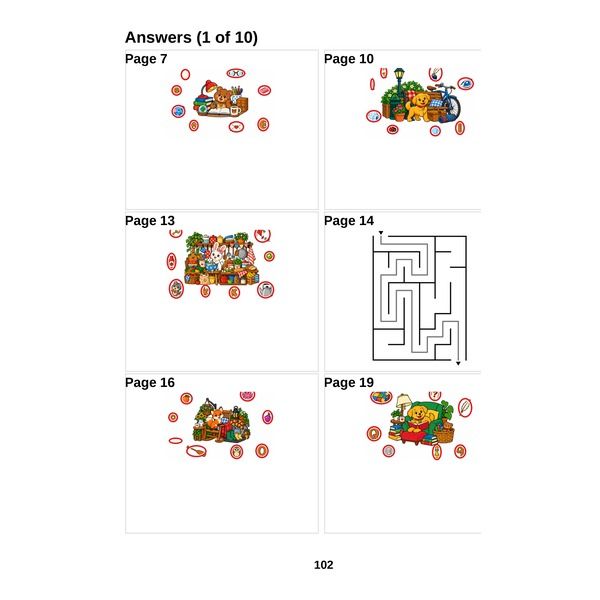 An answer page with six small scenes, each hidden item circled in red