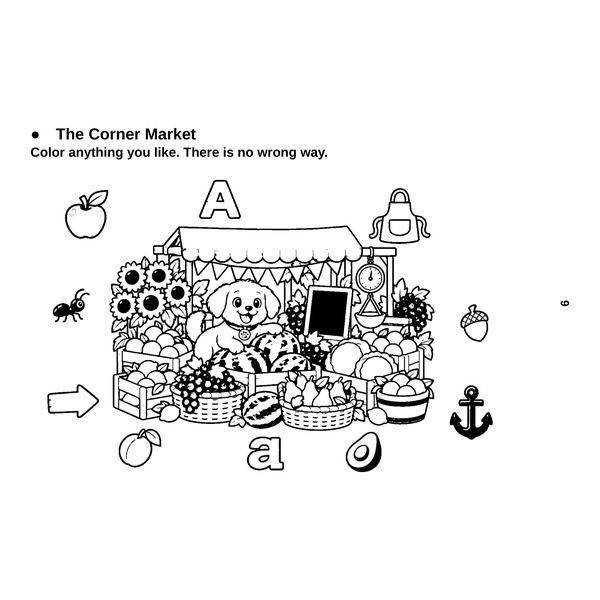 A coloring page of a market stall scene, printed sideways on the page