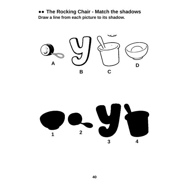 A shadow matching page: four objects above, four black shadows below