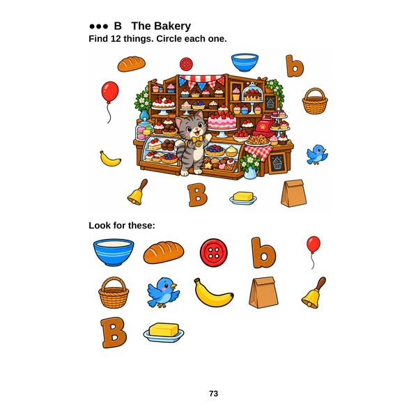A bakery scene with twelve things to find hidden among the shelves