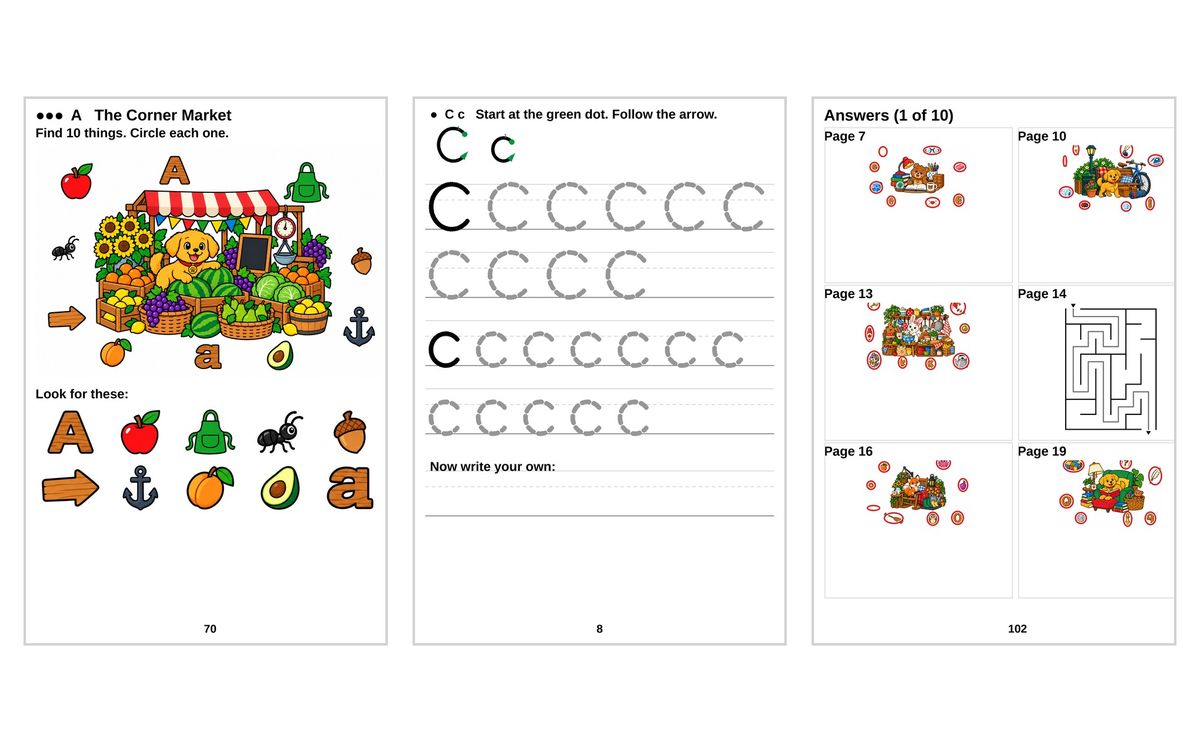 Three pages from the book: a market seek-and-find scene, a letter C tracing page, and an answer page