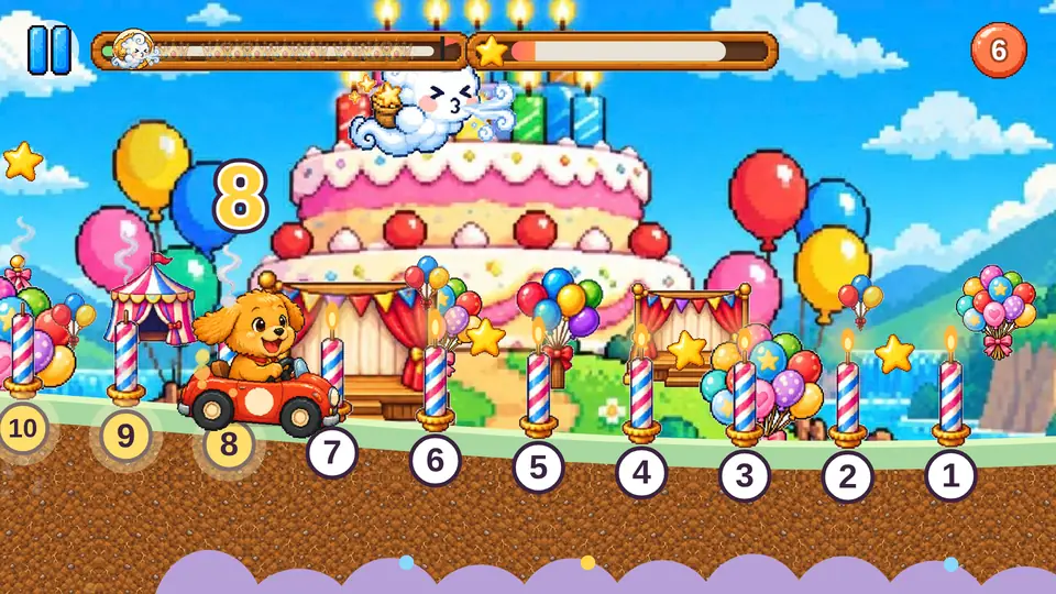 Birthday candles numbered 10 down to 1 in front of a giant cake
