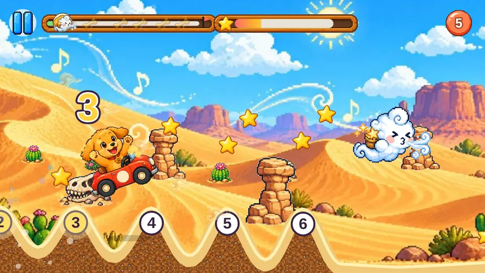 Taro's car racing over desert dunes, catching numbers 3 to 6