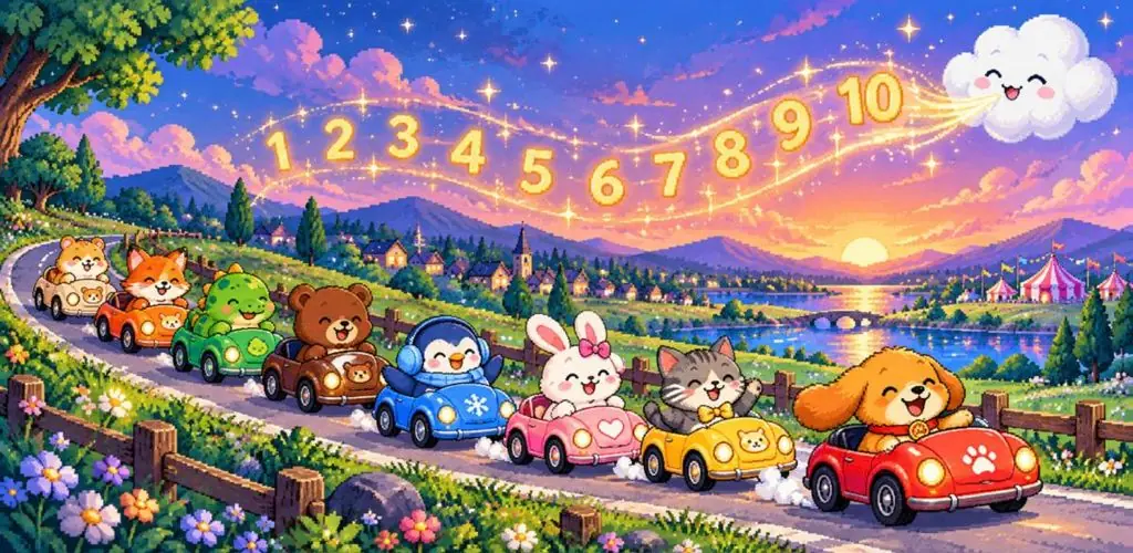 Eight animal friends in little cars racing under a ribbon of numbers 1 to 10