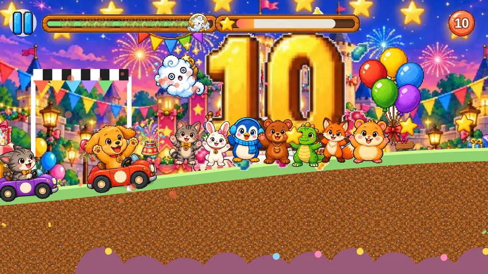 All eight animal friends celebrating under a giant golden 10