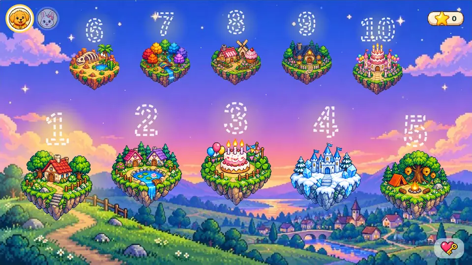 The island map: ten floating islands numbered 1 to 10 above a pixel-art valley at sunset