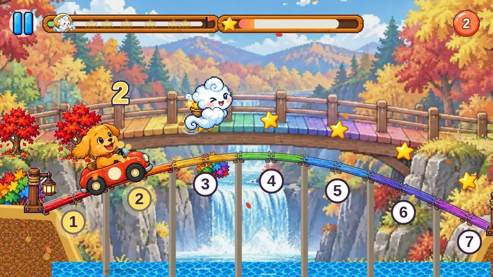 A rainbow bridge over a waterfall with numbers 1 to 7 along it
